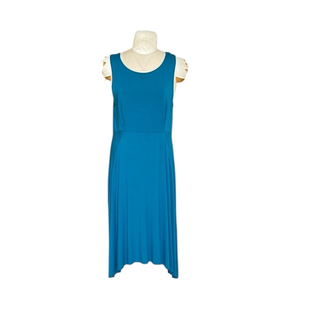 Eileen Fisher Teal V-Back Bateau Neck Empire Waist Asymmetrical Midi Dress L